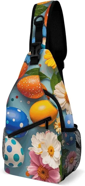 Sling Bag for Women Men Chest Bag Color Eggs Flowers Leaves Polka Dot Circles on Eggshells Crossbody Bag Small Sling Backpack Daypack Fanny Packs