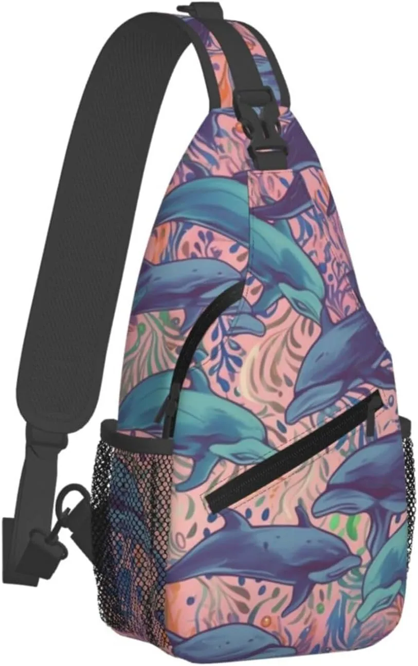 Sling Bag for Women Men Chest Bag Colorful dolphins Crossbody Bag Small Sling Backpack Fanny Packs Hiking Daypack