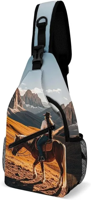 Sling Bag for Women Men Chest Bag Rocky Mountain View Cowboy Horseback Riding Crossbody Bag Small Sling Backpack Daypack Fanny Packs