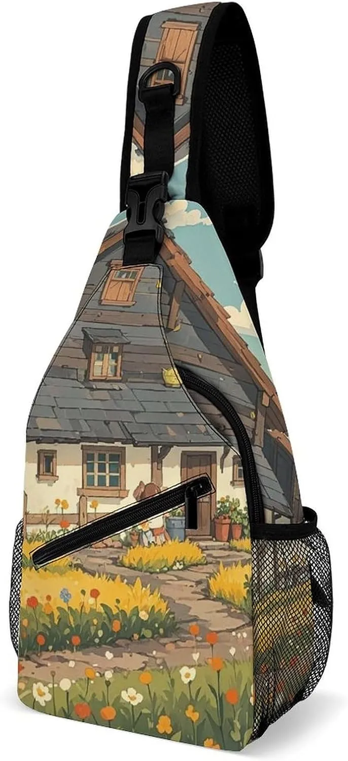 Sling Bag for Women Men Chest Bag Vintage Cute Village House Crossbody Bag Small Sling Backpack Daypack Fanny Packs