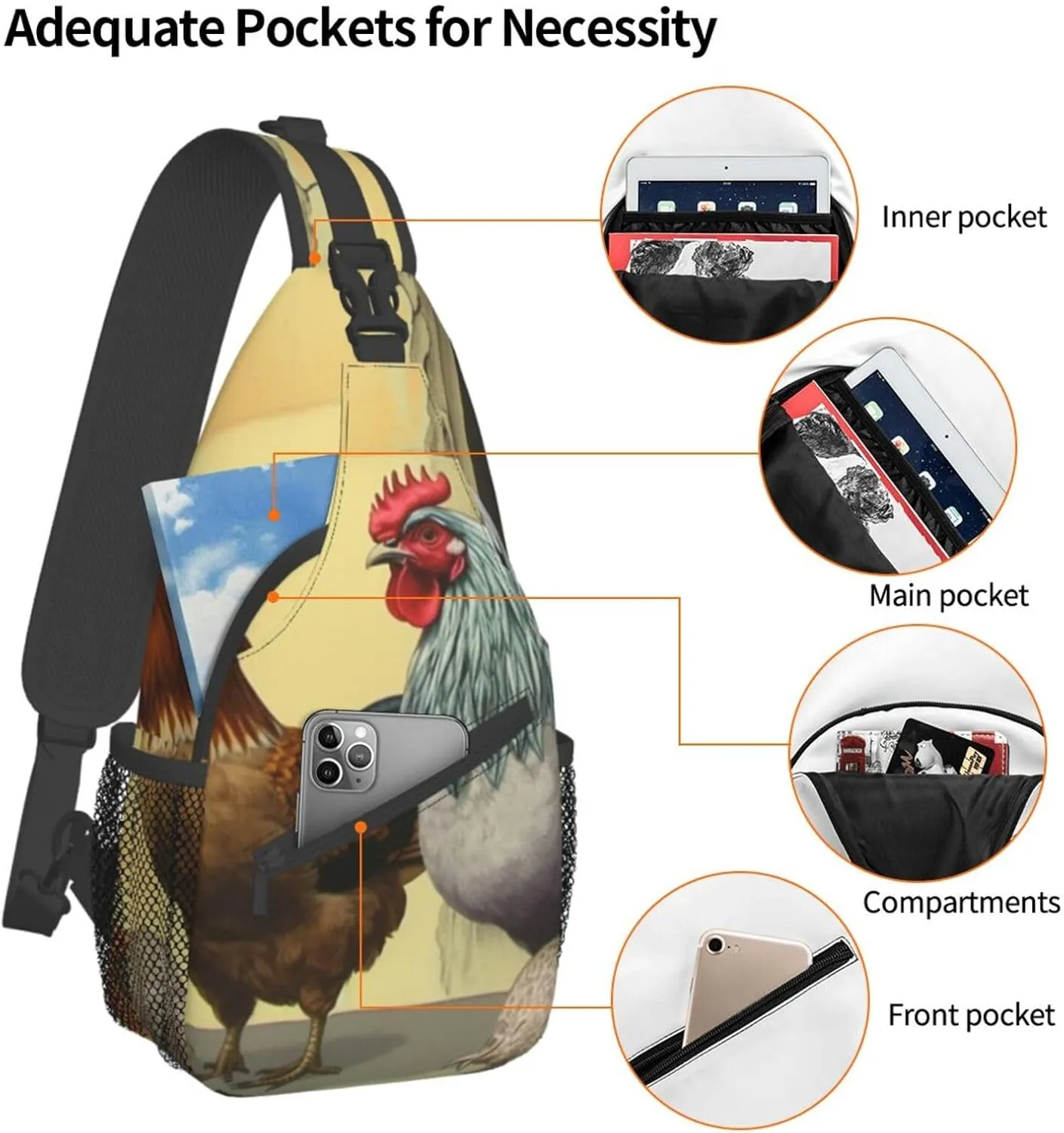 Sling Bag for Women Men Italian Chickens Cross Chest Bag Diagonally Casual Fashion Travel Hiking Daypack