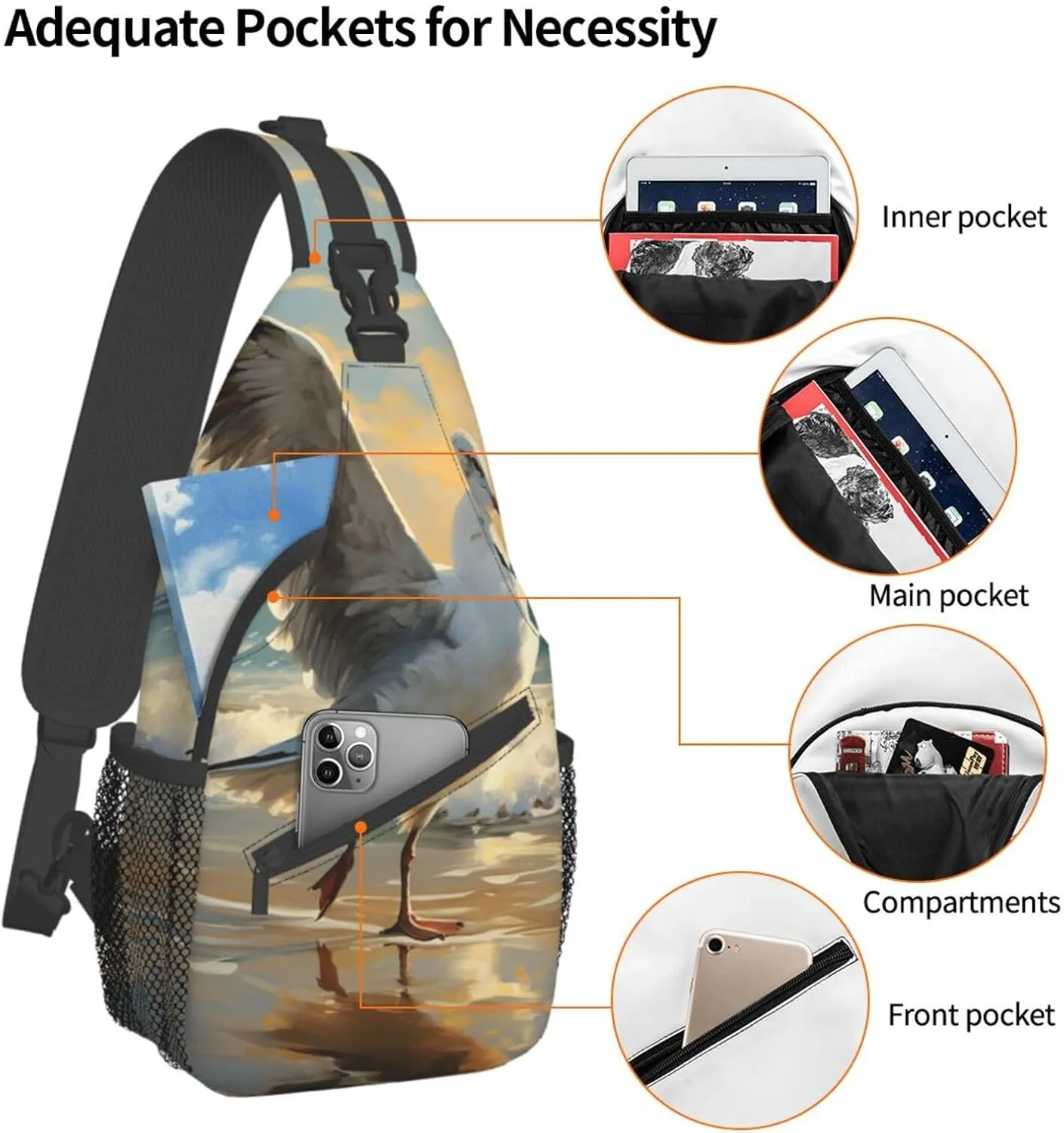 Sling Bag for Women Men Painting of a seagull Cross Chest Bag Diagonally Casual Fashion Travel Hiking Daypack