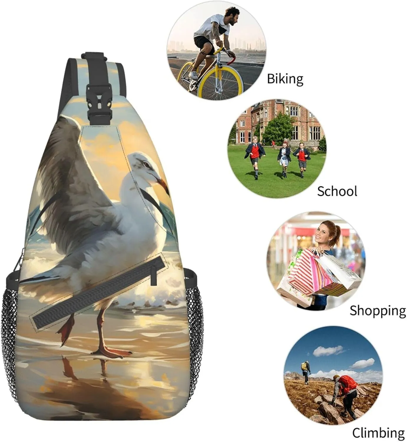 Sling Bag for Women Men Painting of a seagull Cross Chest Bag Diagonally Casual Fashion Travel Hiking Daypack