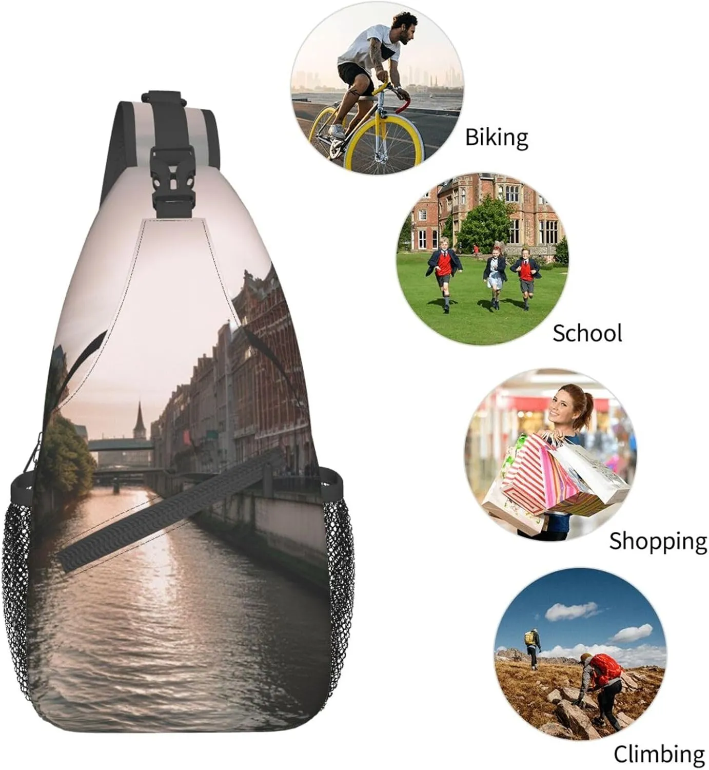 Sling Bag for Women Men Water Canal Buildings Cross Chest Bag Diagonally Casual Fashion Travel Hiking Daypack