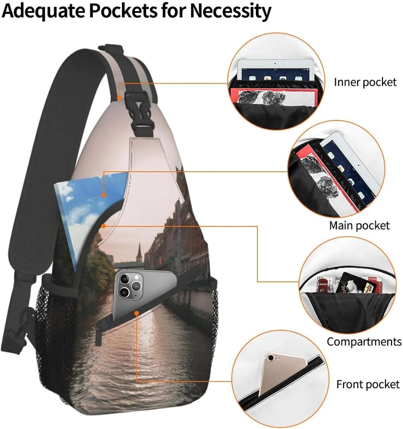 Sling Bag for Women Men Water Canal Buildings Cross Chest Bag Diagonally Casual Fashion Travel Hiking Daypack