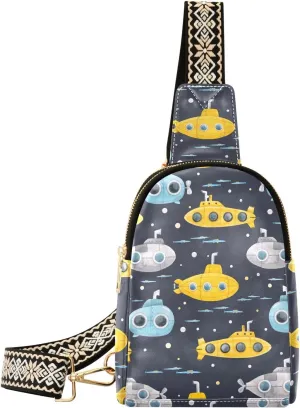 Sling Bag Leather Crossbody Bags Watercolor Underwater Submarine Pattern Waist Packs Fanny Pack Chest Bag Travel Purse for Women Traveling Daily Shopping