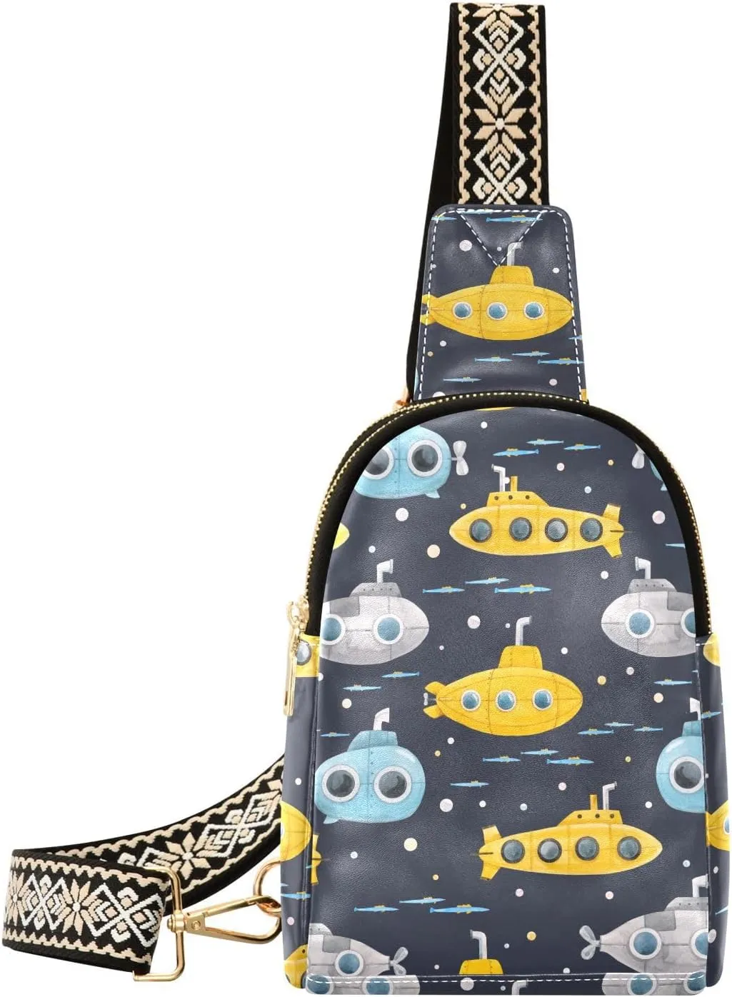 Sling Bag Leather Crossbody Bags Watercolor Underwater Submarine Pattern Waist Packs Fanny Pack Chest Bag Travel Purse for Women Traveling Daily Shopping