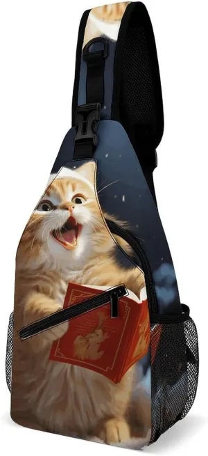 Sling Bag,Cute Cat Sing Christmas Carols Print Chest Bag,crossbody Chest Bag,casual Shoulder Backpack with Front Pocket