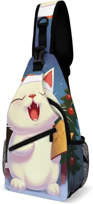 Sling Bag,Cute Cat Sing Christmas Carols Print Chest Bag,crossbody Chest Bag,casual Shoulder Backpack with Front Pocket
