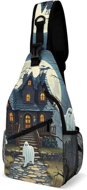 Sling Bag,Haunted Mansion Print Chest Bag,crossbody Chest Bag,casual Shoulder Backpack with Front Pocket