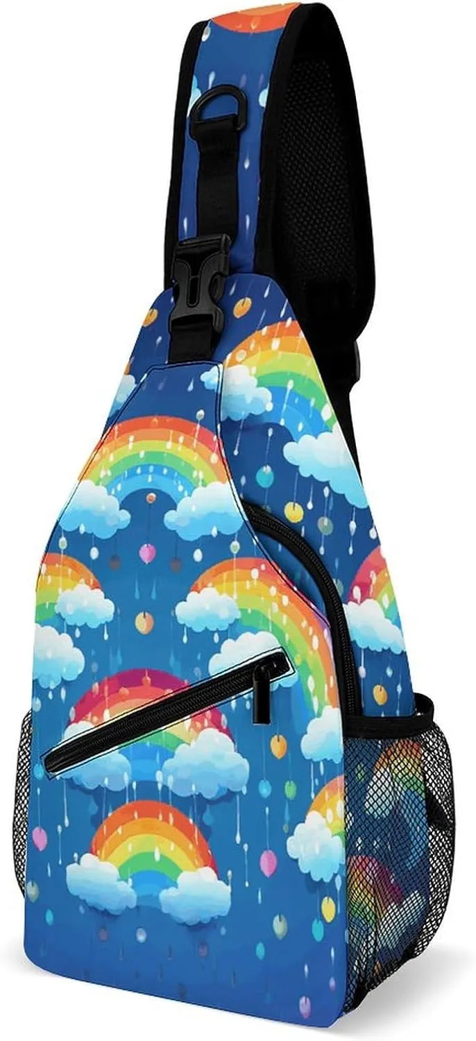 Sling Bag,Rainbow Clouds Raindrop Print Chest Bag,crossbody Chest Bag,casual Shoulder Backpack with Front Pocket