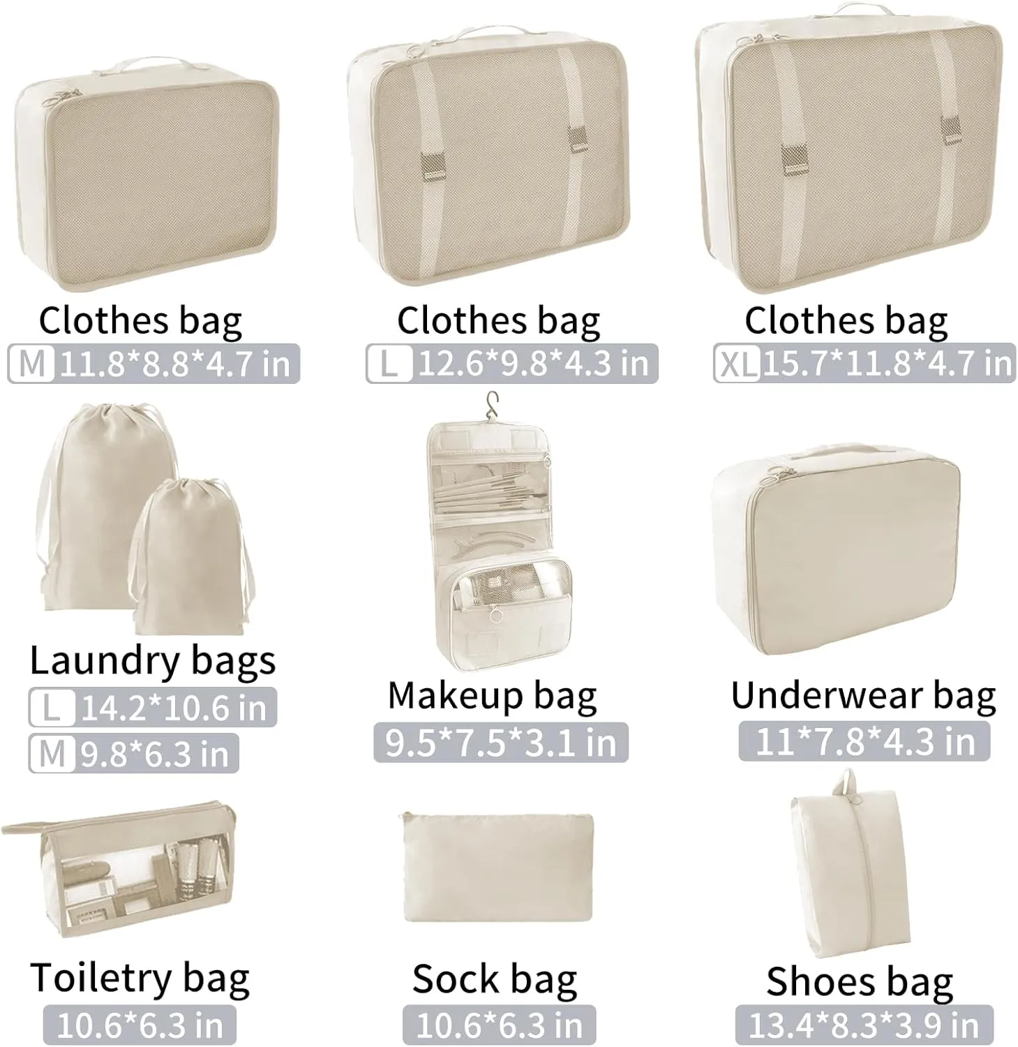 SLMT Travel Organizer 10 Set, Suitcase Organizer Bags Set, Travel Cubes for Packing, Luggage Organizers for Suitcase, Carry On Travel Organizer Bags (Beige)