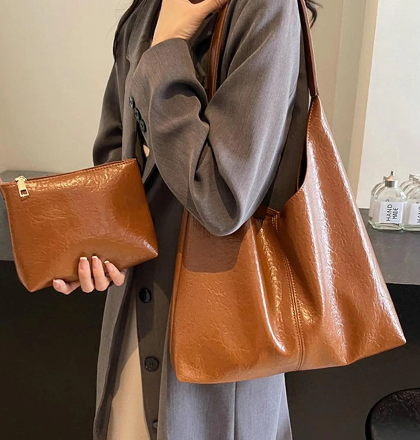 Slouchy Bags Women Commuter PU Leather Tote Bag 2025 Soft Shine Shoulder Bag with Zip Pouch Versatile Purse