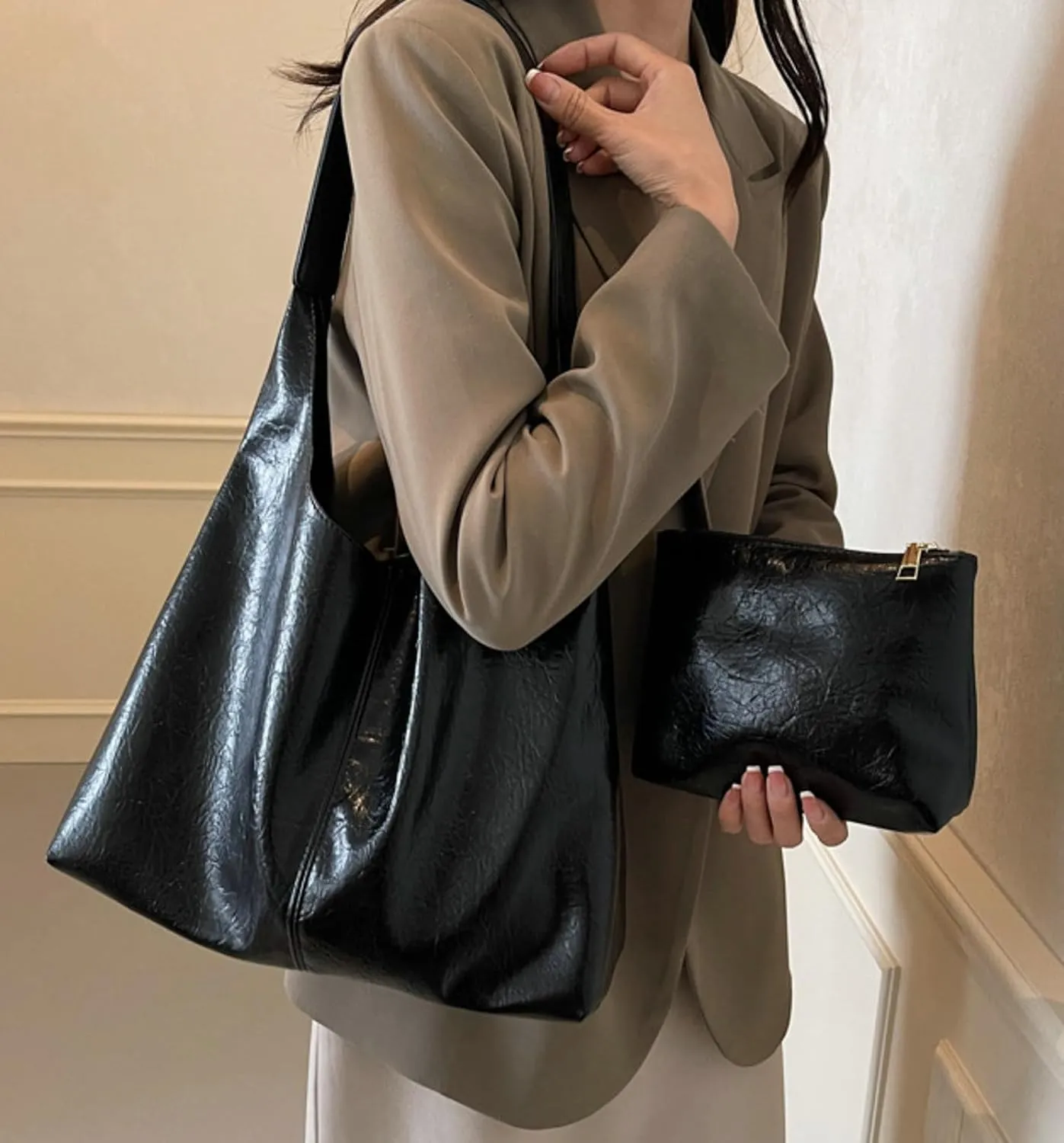 Slouchy Bags Women Commuter PU Leather Tote Bag 2025 Soft Shine Shoulder Bag with Zip Pouch Versatile Purse