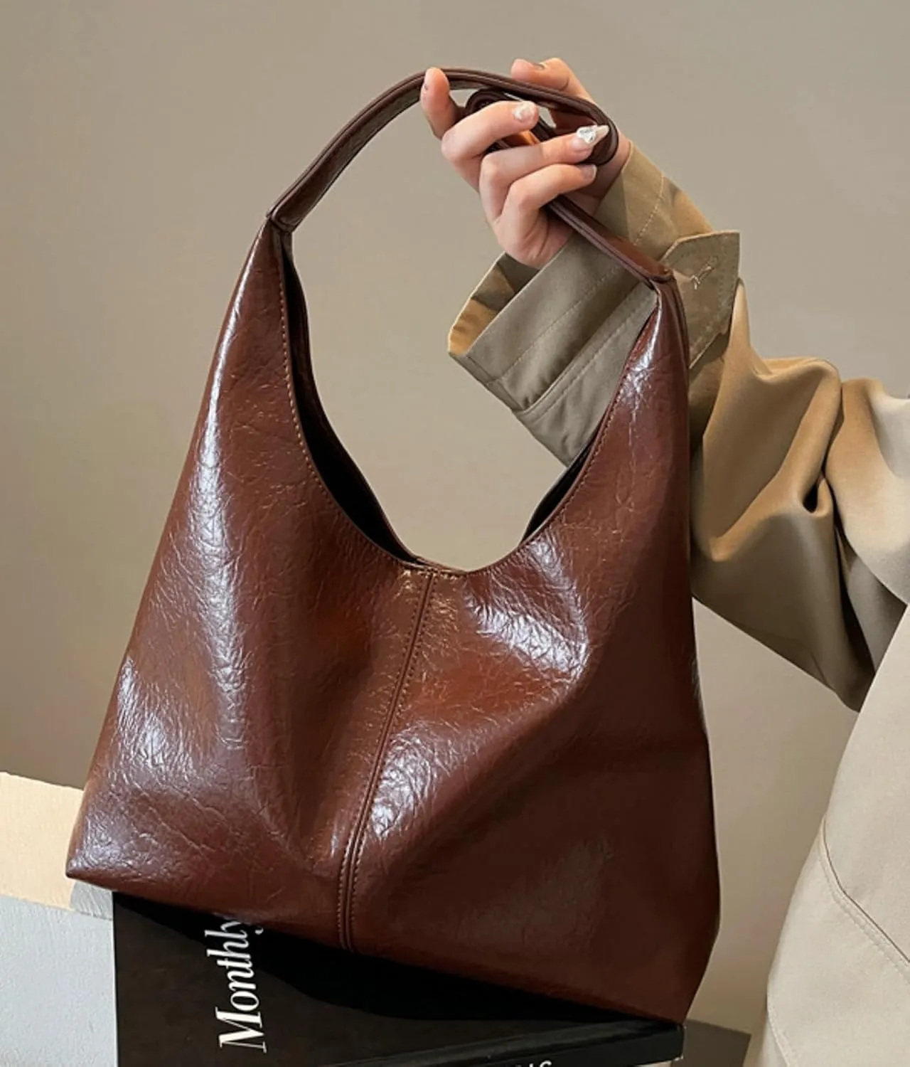 Slouchy Bags Women Commuter PU Leather Tote Bag 2025 Soft Shine Shoulder Bag with Zip Pouch Versatile Purse