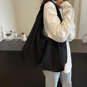 Slouchy Hobo Bag for Women Nylon Tote Bag with Multipockets Solid Color Draped Hobo Bag Large Shoulder Bag