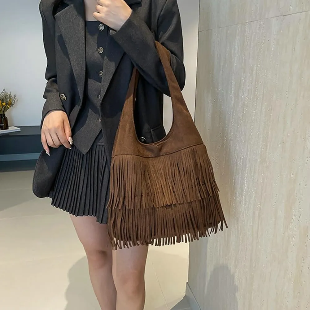 Slouchy Hobo Bags for Women Fringe Suede Shoulder Bag Crossbody Bag with Tassel Boho Purse Large Capacity