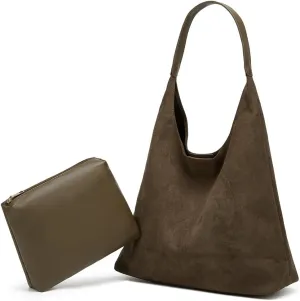 Slouchy Suede Shoulder Bags for Women Large Tote Purse Retro Soft Handbag Casual Work Ladies Top Handle Satchel 2pcs