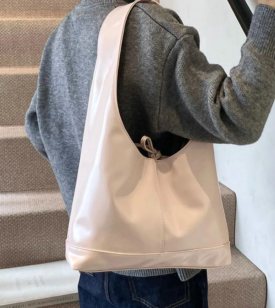 Slouchy Tote Bags For Women Soft Leather Handbag Retro Red Shoulder Bag Y2K Underarm Purse With Bow Casual Work Handbag
