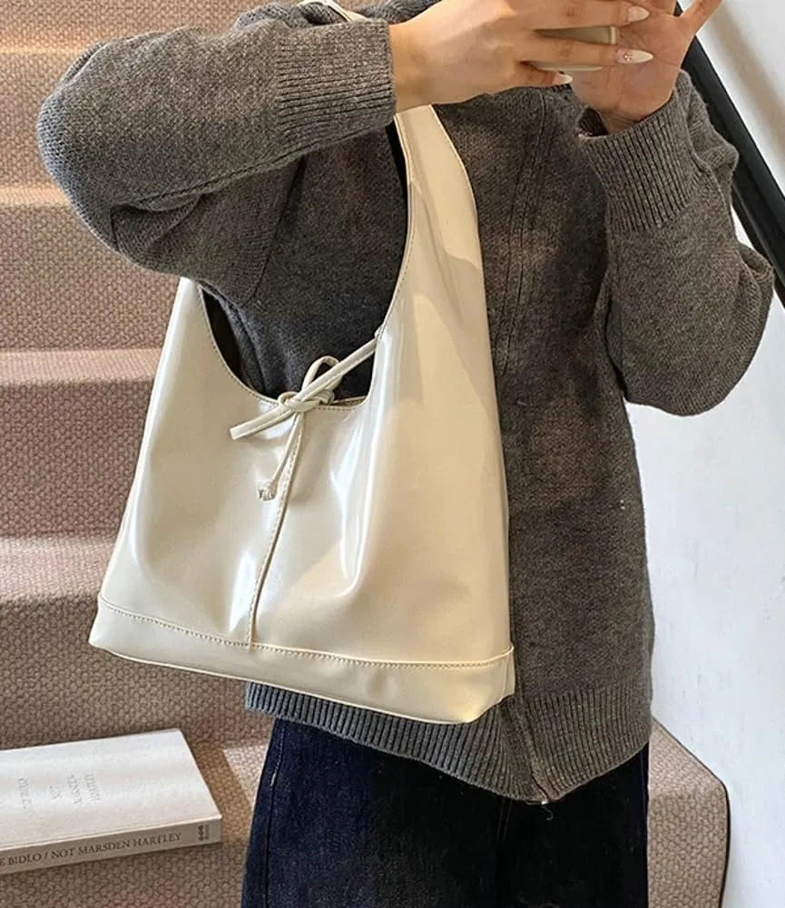 Slouchy Tote Bags For Women Soft Leather Handbag Retro Red Shoulder Bag Y2K Underarm Purse With Bow Casual Work Handbag