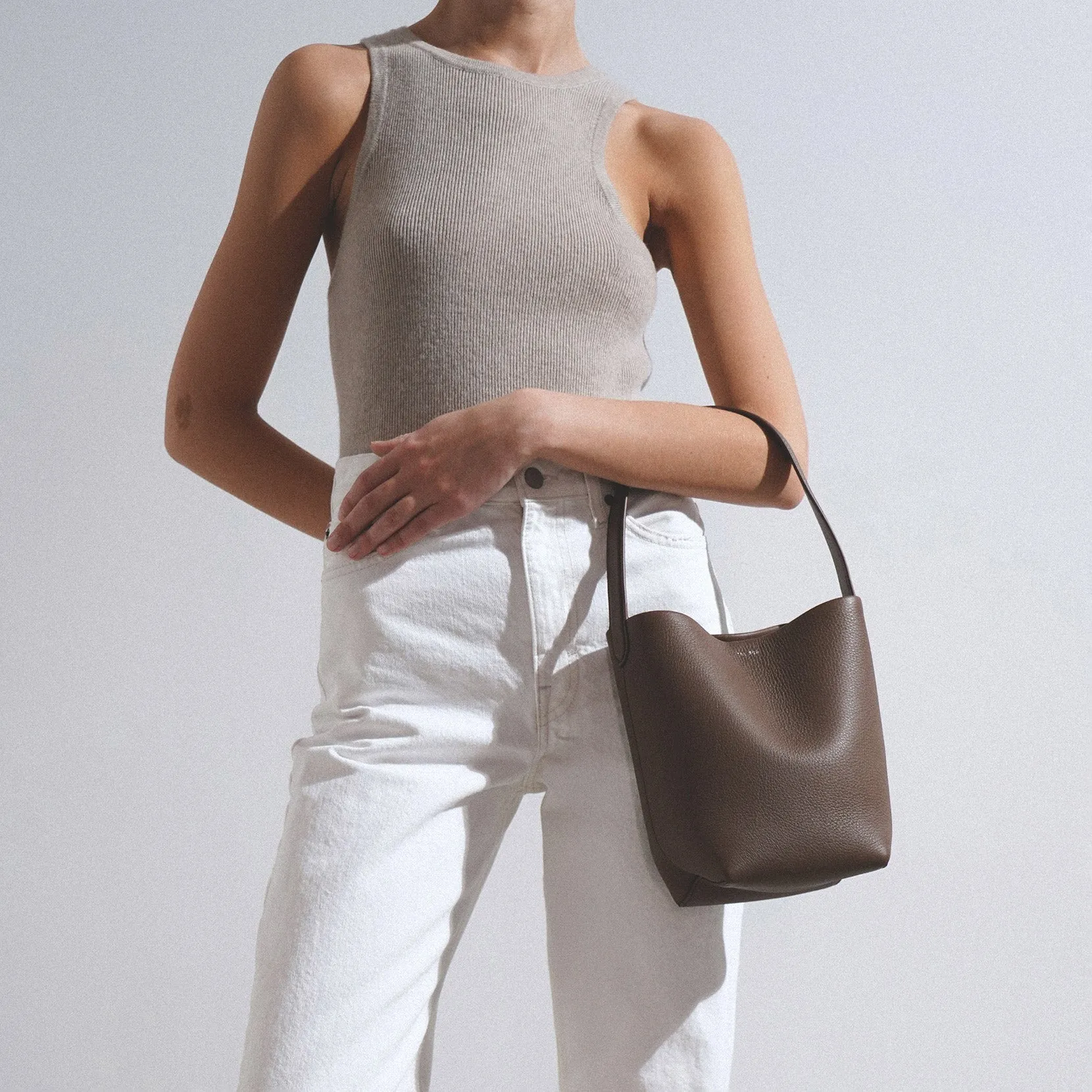 Small N/S dark olive leather tote bag