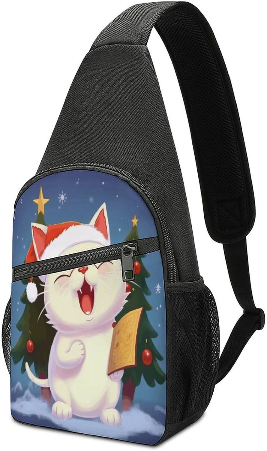 Small Sling Backpack Crossbody Bag,Cute Cat Sing Christmas Carols Print Chest Bag,Travel Hiking Chest Bag Daypack for Women Men