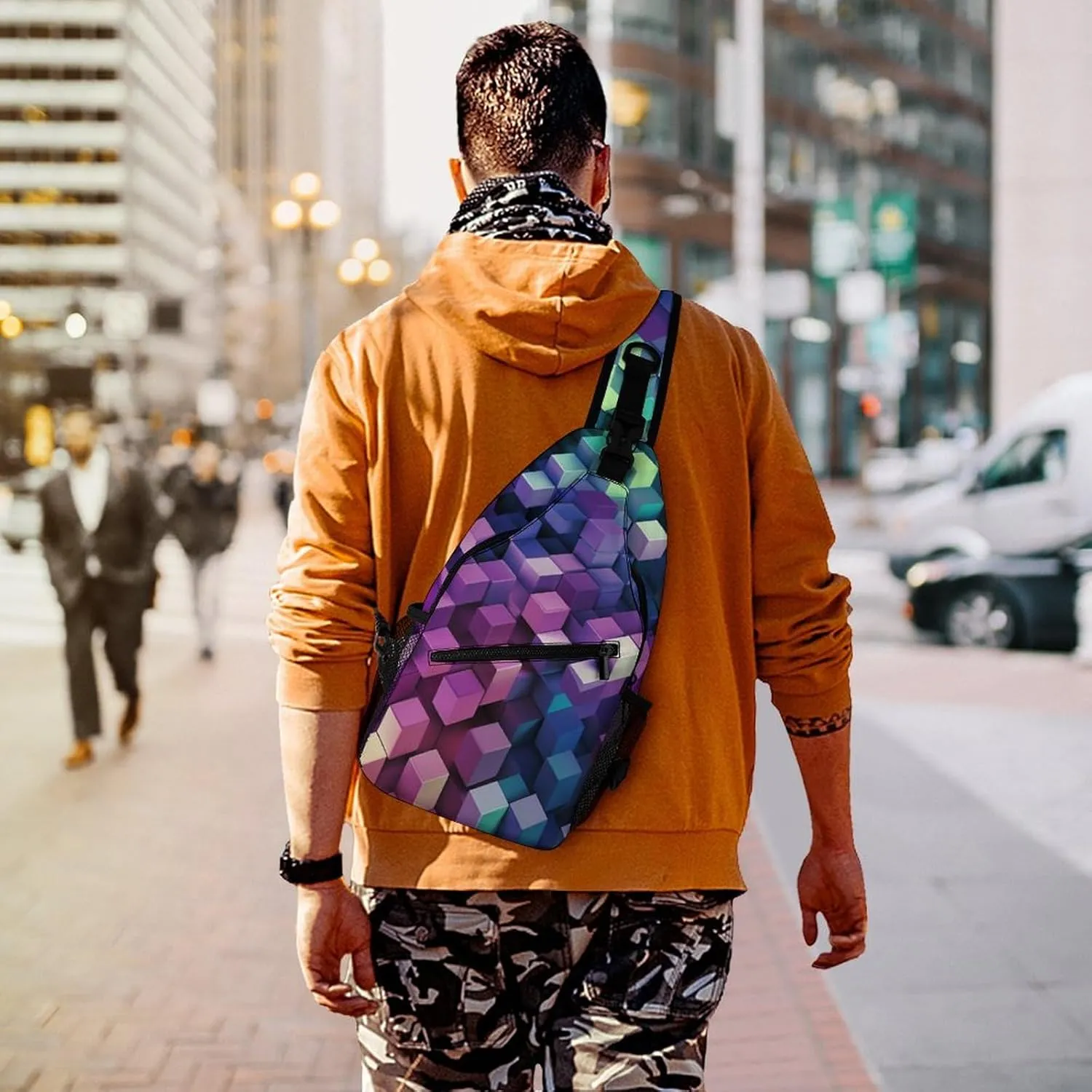 Small Sling Chest Bag Crossbody Bag for Men Women,Abstract Color Cubes Purple Lightweight Gym Daypack for Travel Cycling Hiking