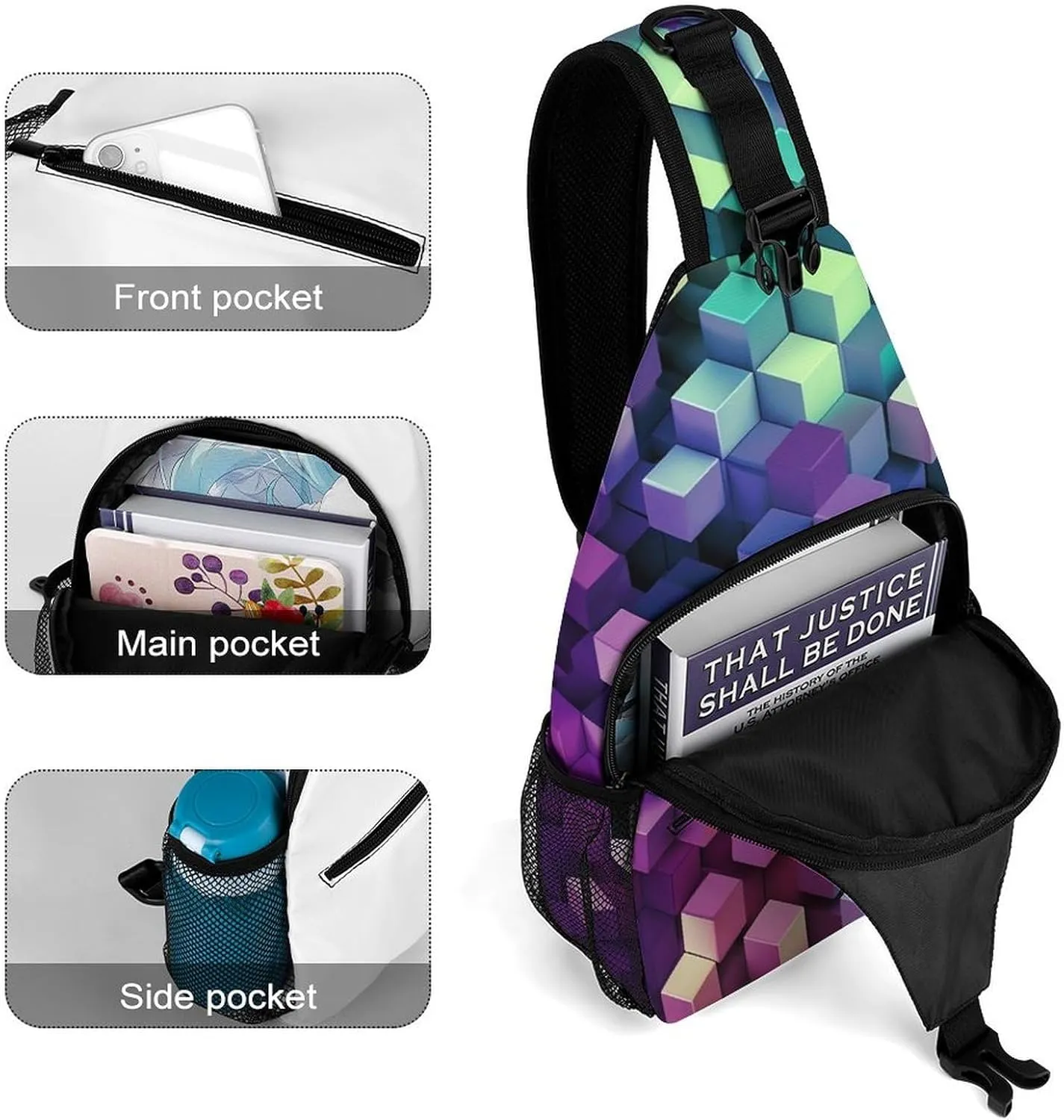Small Sling Chest Bag Crossbody Bag for Men Women,Abstract Color Cubes Purple Lightweight Gym Daypack for Travel Cycling Hiking