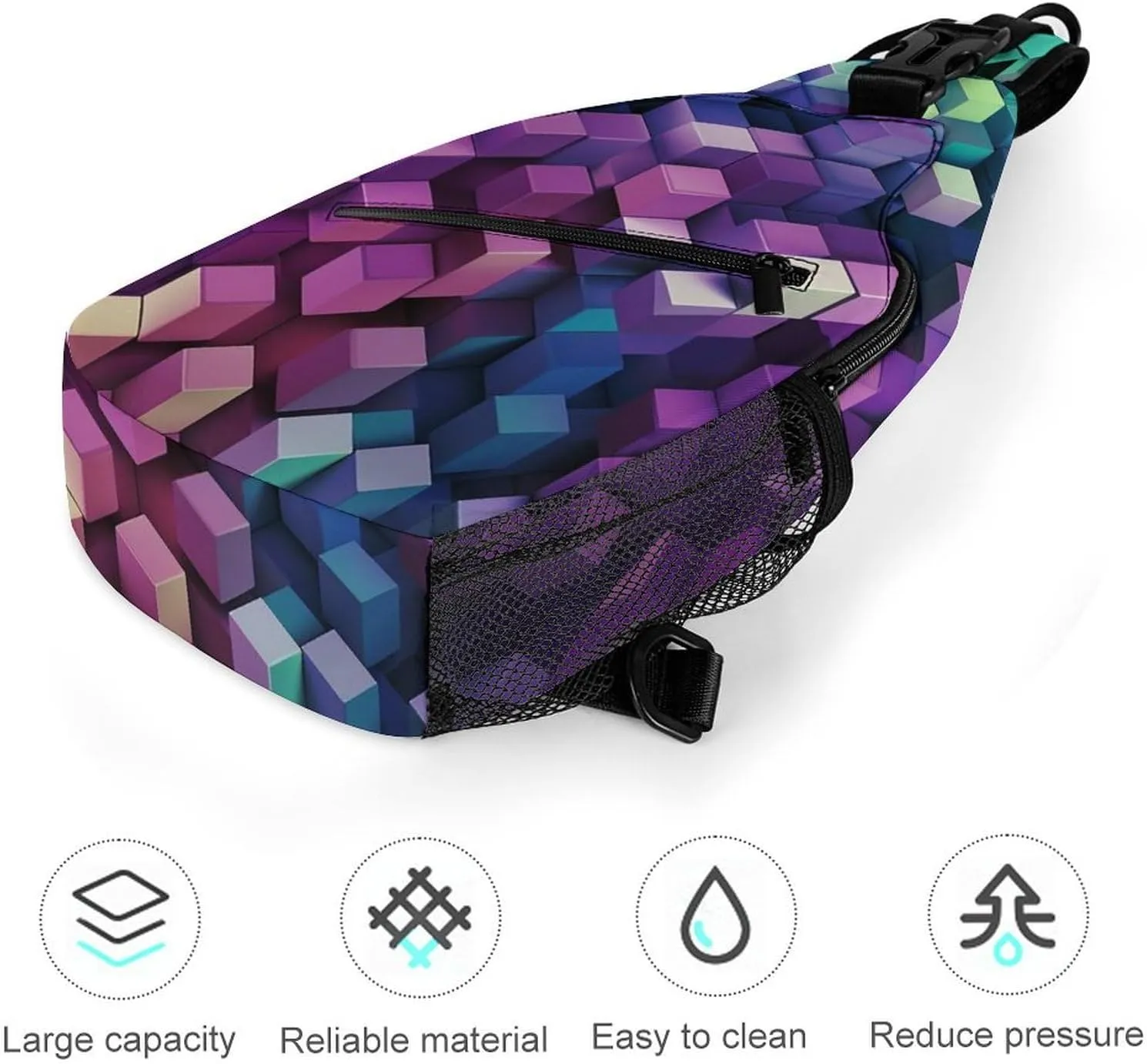 Small Sling Chest Bag Crossbody Bag for Men Women,Abstract Color Cubes Purple Lightweight Gym Daypack for Travel Cycling Hiking