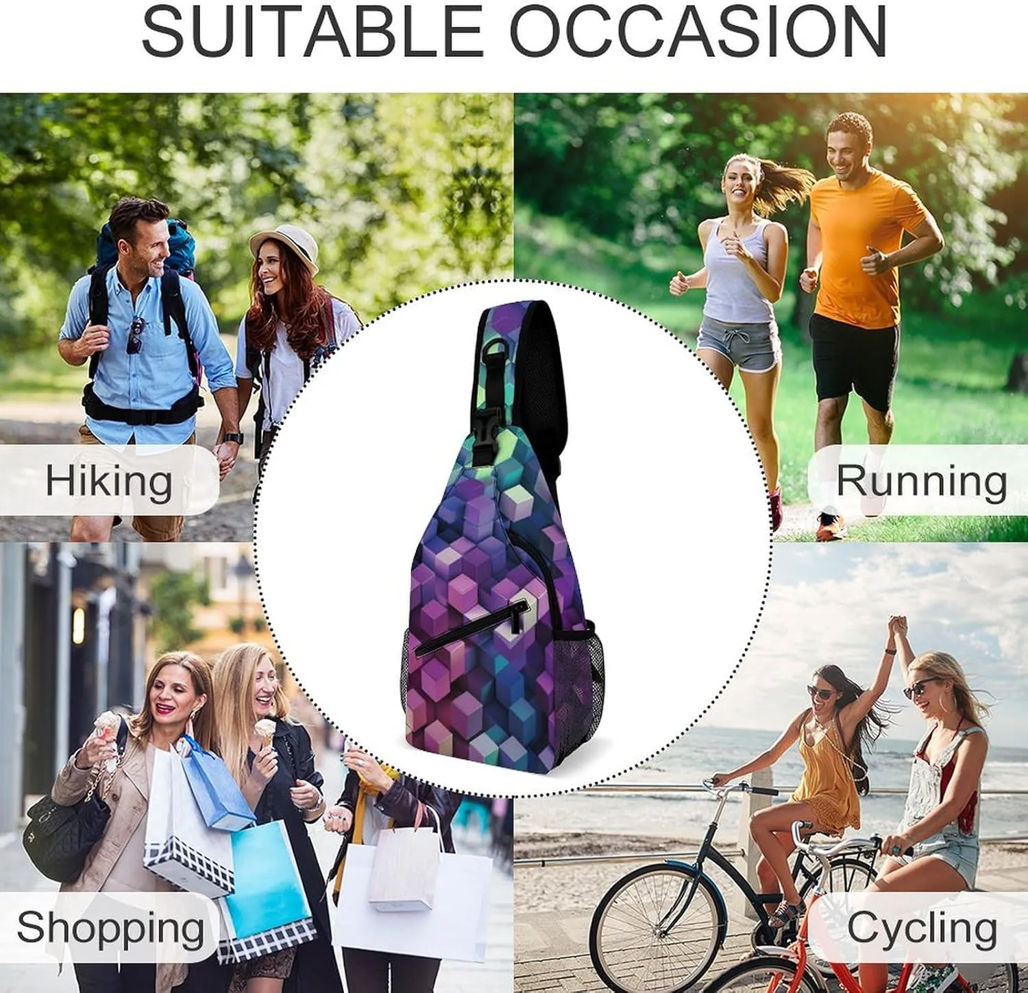 Small Sling Chest Bag Crossbody Bag for Men Women,Abstract Color Cubes Purple Lightweight Gym Daypack for Travel Cycling Hiking