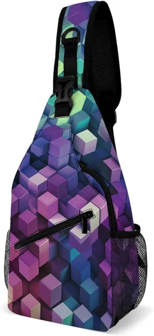 Small Sling Chest Bag Crossbody Bag for Men Women,Abstract Color Cubes Purple Lightweight Gym Daypack for Travel Cycling Hiking