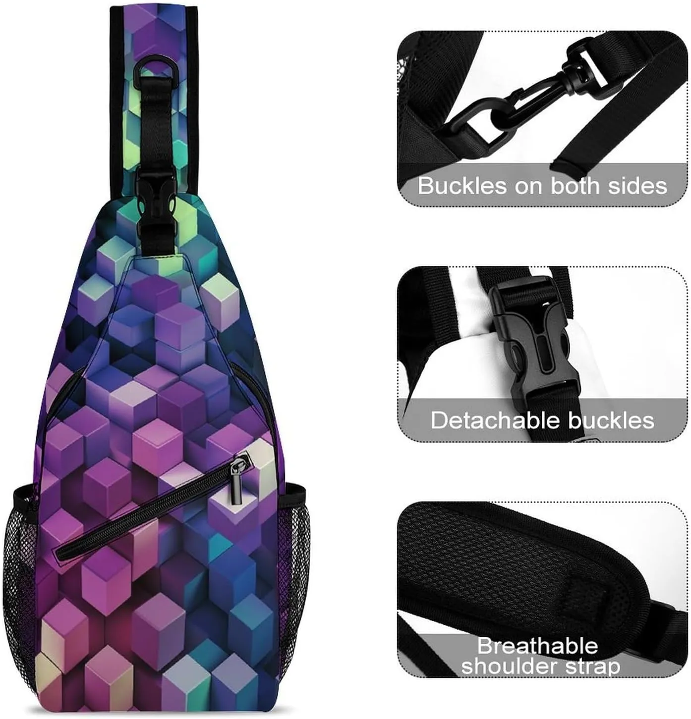 Small Sling Chest Bag Crossbody Bag for Men Women,Abstract Color Cubes Purple Lightweight Gym Daypack for Travel Cycling Hiking