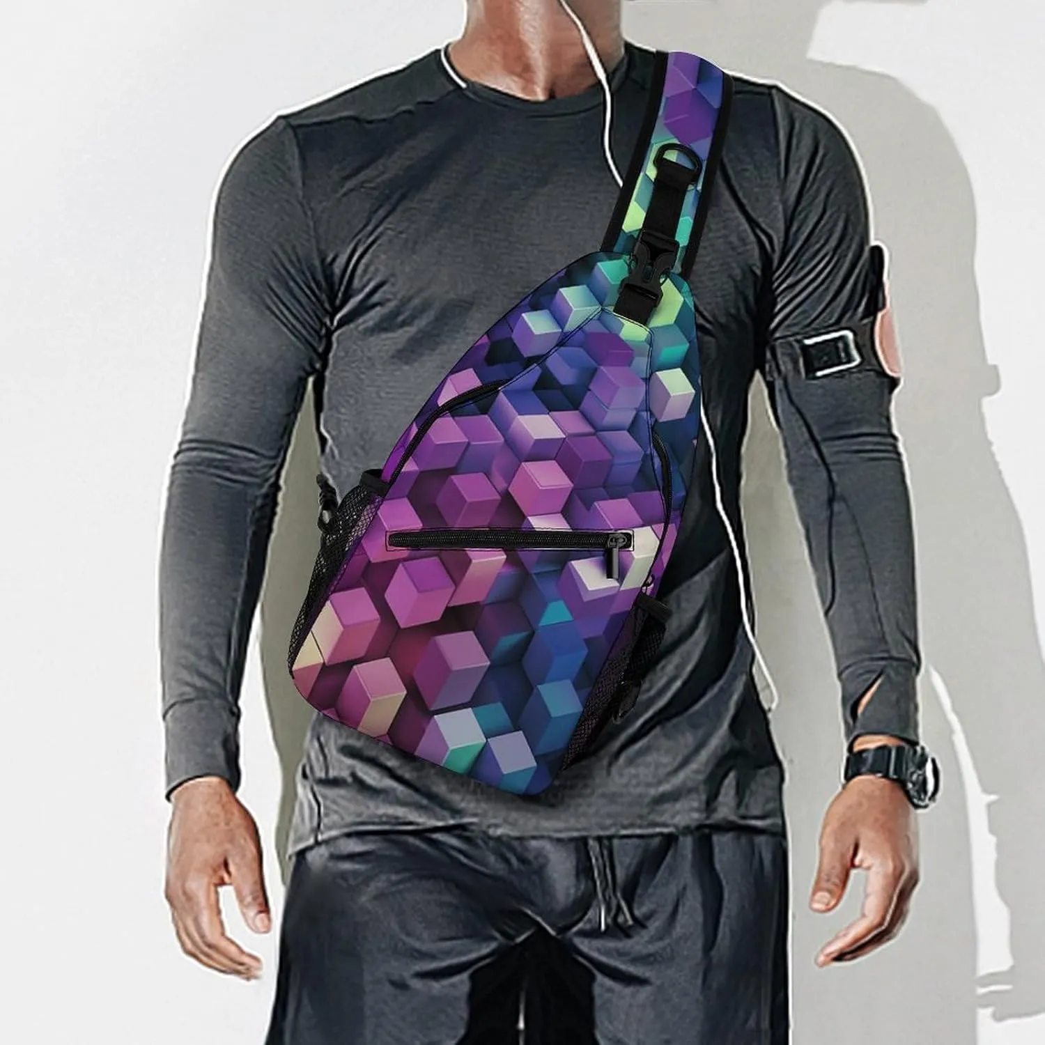 Small Sling Chest Bag Crossbody Bag for Men Women,Abstract Color Cubes Purple Lightweight Gym Daypack for Travel Cycling Hiking