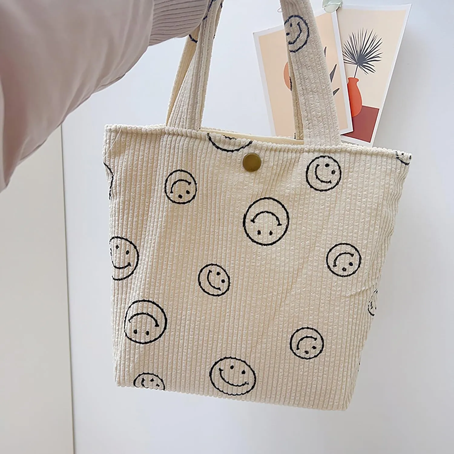 Small Smiley Face Tote Bag, Corduroy Mini Bag for Women, Cute Preppy Aesthetic Reusable Grocery Bag