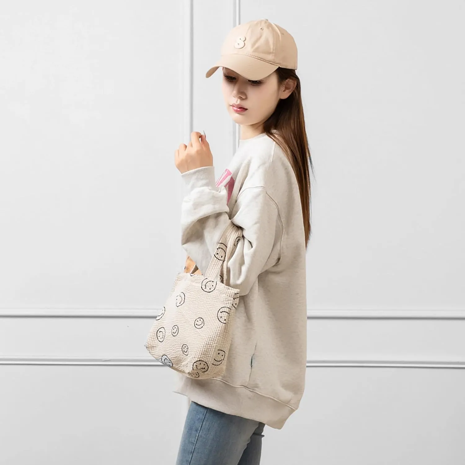 Small Smiley Face Tote Bag, Corduroy Mini Bag for Women, Cute Preppy Aesthetic Reusable Grocery Bag