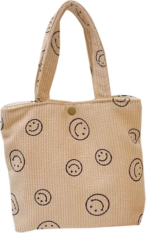 Small Smiley Face Tote Bag, Corduroy Mini Bag for Women, Cute Preppy Aesthetic Reusable Grocery Bag