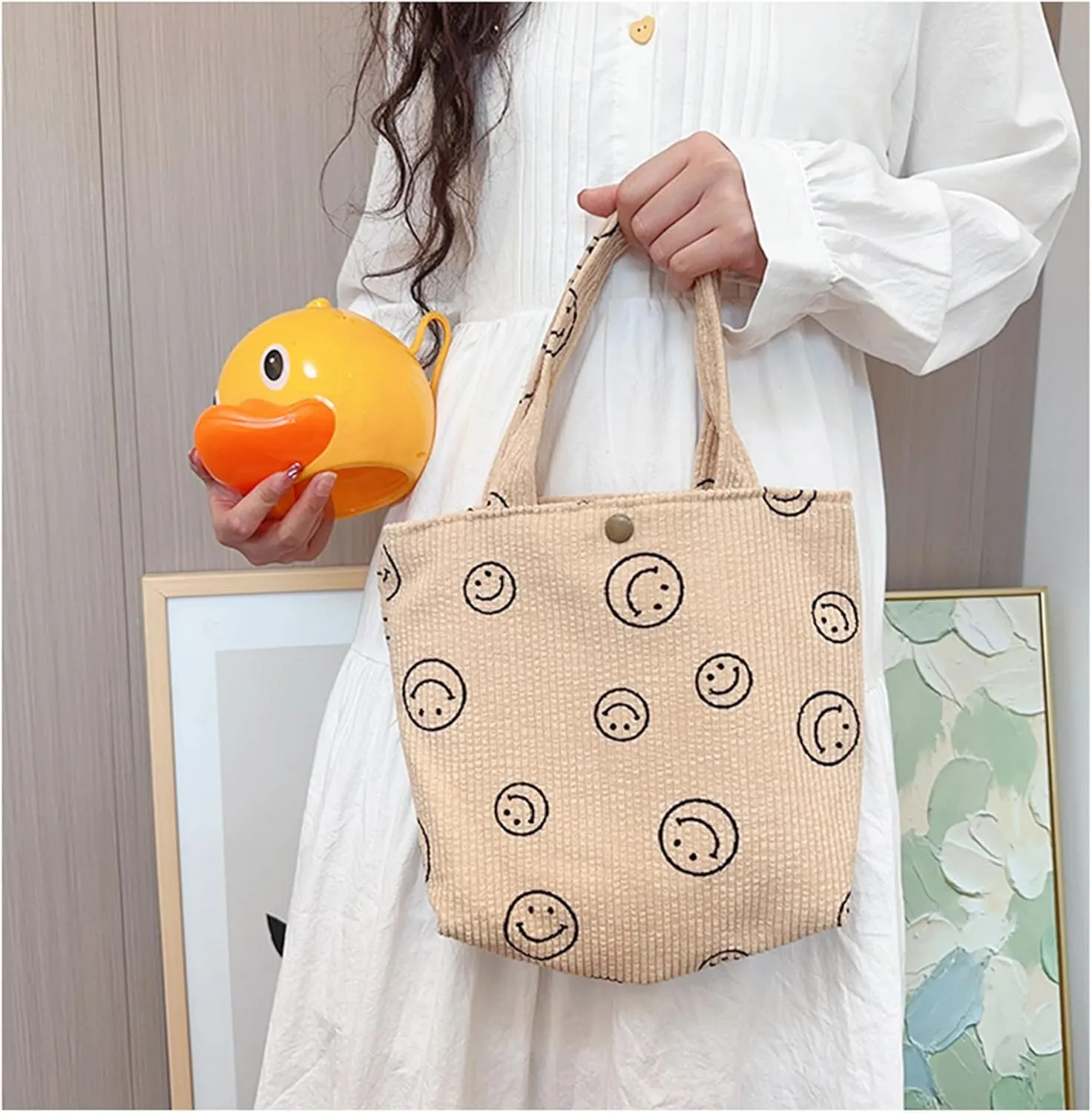 Small Smiley Face Tote Bag, Corduroy Mini Bag for Women, Cute Preppy Aesthetic Reusable Grocery Bag