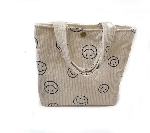 Small Smiley Face Tote Bag, Corduroy Mini Bag for Women, Cute Preppy Aesthetic Reusable Grocery Bag