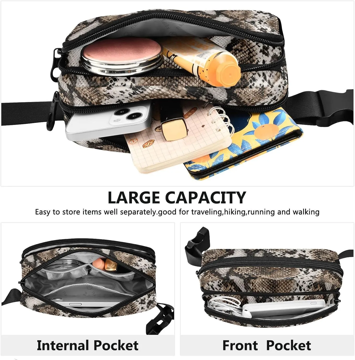 Snake Skin Print Fanny Pack for Women Crossbody Bags Animal Skin Print Belt Bag Waterproof Fashion Waist Packs Unisex with Adjustable Strap for Running Workout Travel Hiking Cycling