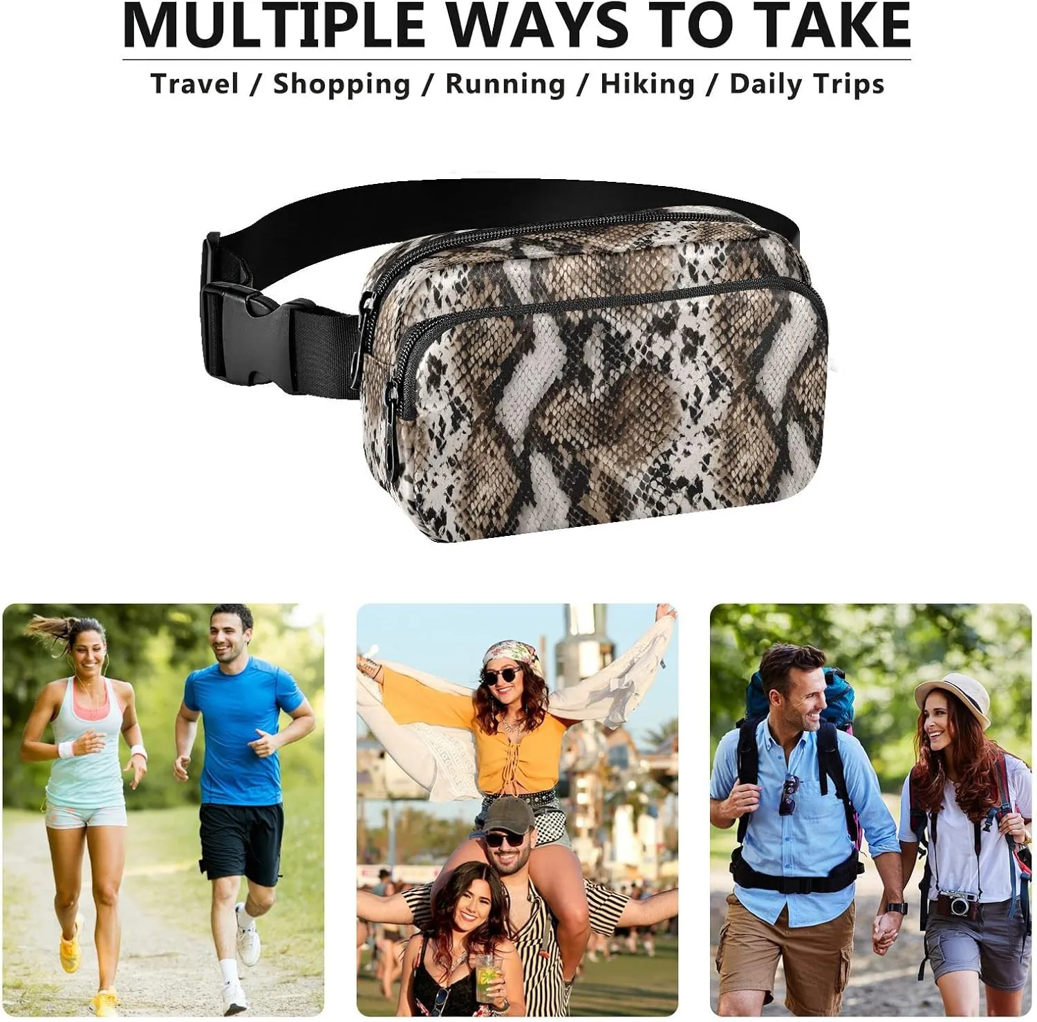 Snake Skin Print Fanny Pack for Women Crossbody Bags Animal Skin Print Belt Bag Waterproof Fashion Waist Packs Unisex with Adjustable Strap for Running Workout Travel Hiking Cycling
