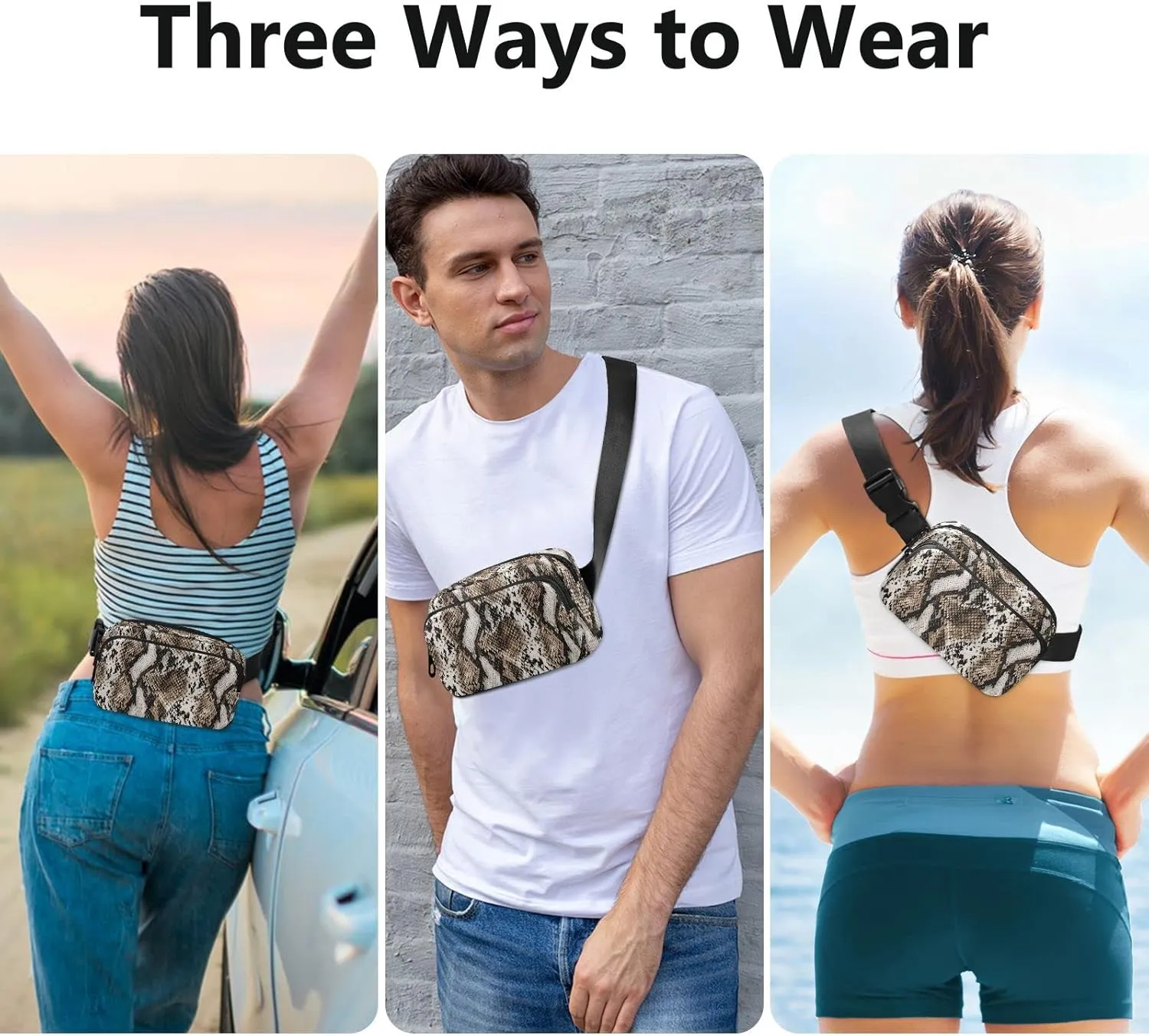 Snake Skin Print Fanny Pack for Women Crossbody Bags Animal Skin Print Belt Bag Waterproof Fashion Waist Packs Unisex with Adjustable Strap for Running Workout Travel Hiking Cycling
