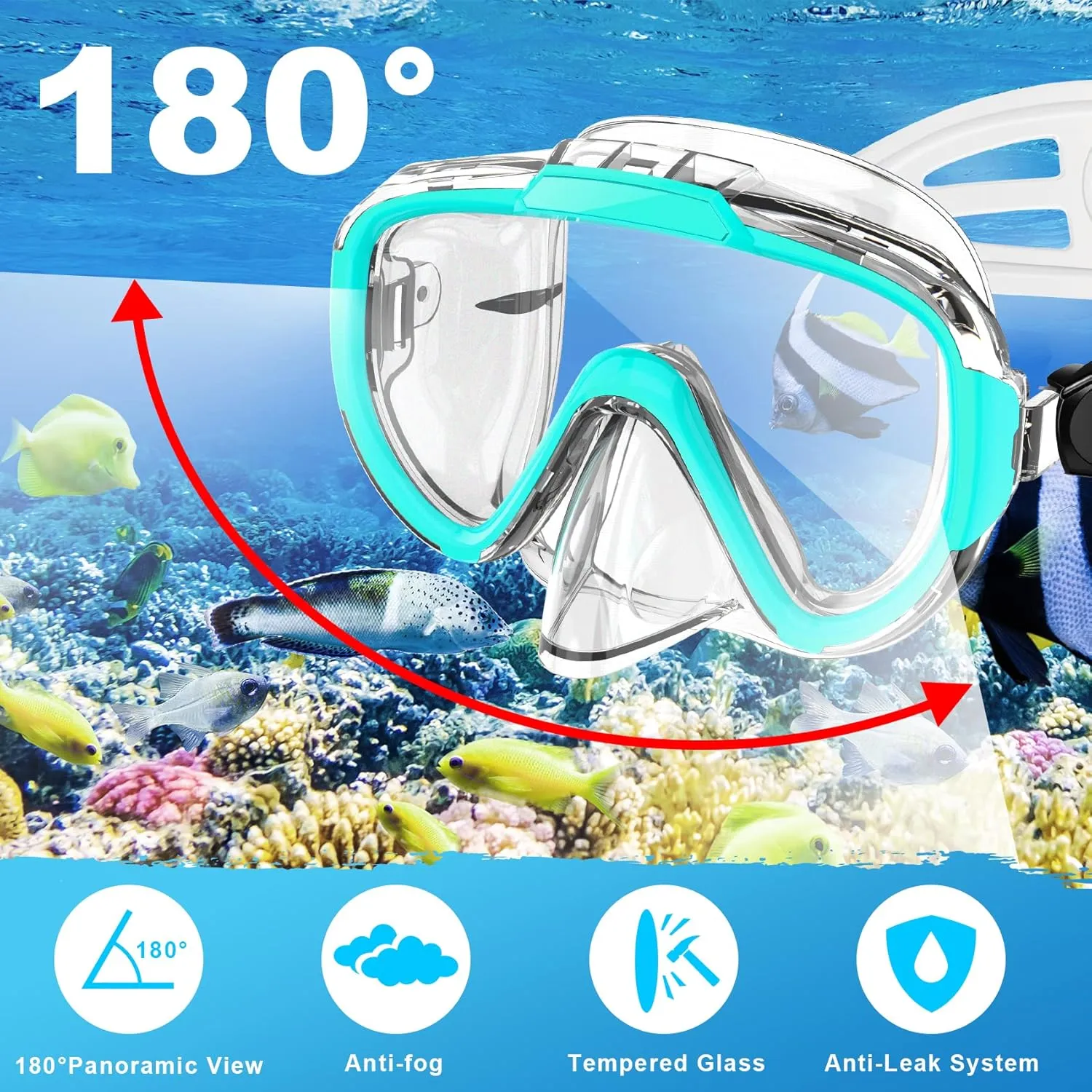 Snorkel Set, Zipoute Snorkel Dry Top Snorkeling Gear for Adults, Panoramic Anti-Leak and Anti-Fog Tempered Glass Lens, Adults Adjustable Snorkeling Set, Scuba Diving Swimming Training Snorkel Kit