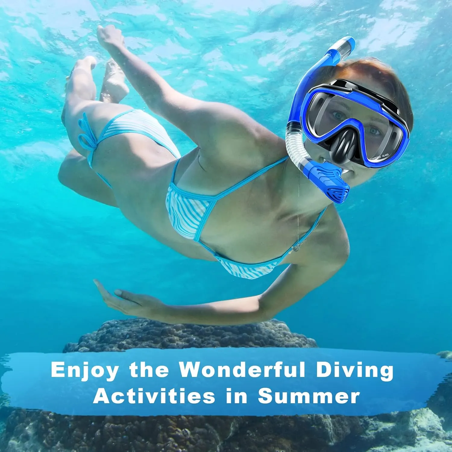 Snorkeling Gear for Adults, Dry Top Snorkel Set with Panoramic Anti-Leak and Anti-Fog Tempered Glass Lens, Adjustable Snorkeling Set for Scuba Diving Swimming Training Snorkel Kit