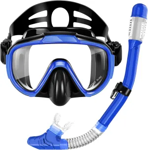 Snorkeling Gear for Adults, Dry Top Snorkel Set with Panoramic Anti-Leak and Anti-Fog Tempered Glass Lens, Adjustable Snorkeling Set for Scuba Diving Swimming Training Snorkel Kit