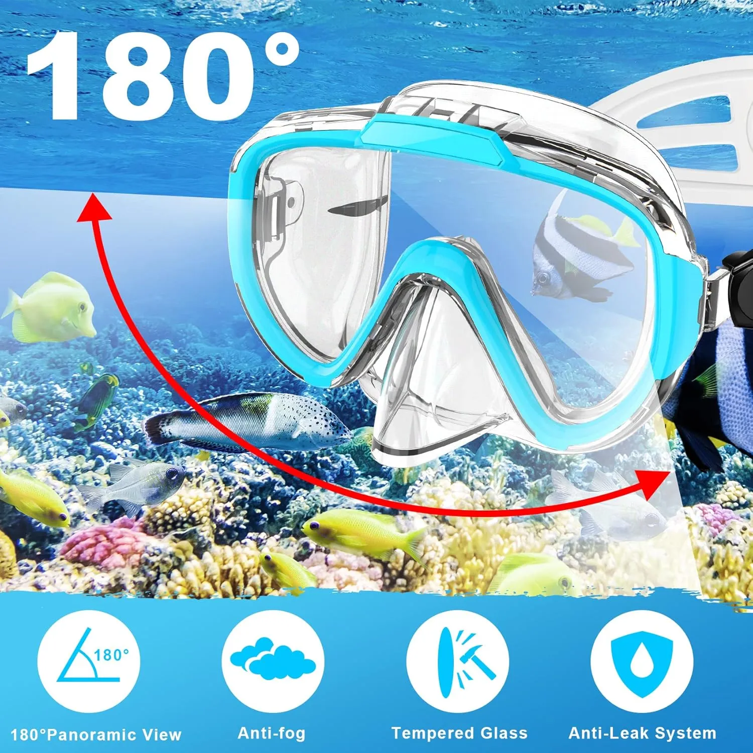 Snorkeling Gear for Adults, Dry Top Snorkel Set with Panoramic Anti-Leak and Anti-Fog Tempered Glass Lens, Adjustable Snorkeling Set for Scuba Diving Swimming Training Snorkel Kit
