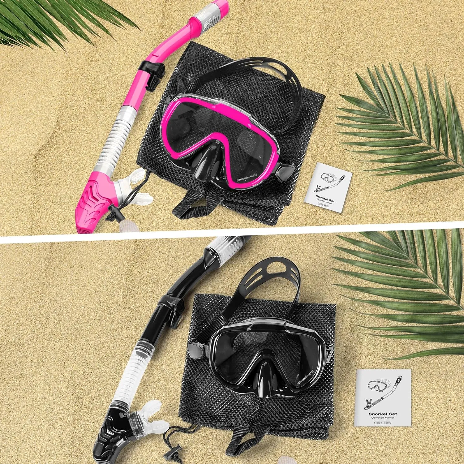 Snorkeling Gear for Adults, Dry Top Snorkel Set with Panoramic Anti-Leak and Anti-Fog Tempered Glass Lens, Adjustable Snorkeling Set for Scuba Diving Swimming Training Snorkel Kit