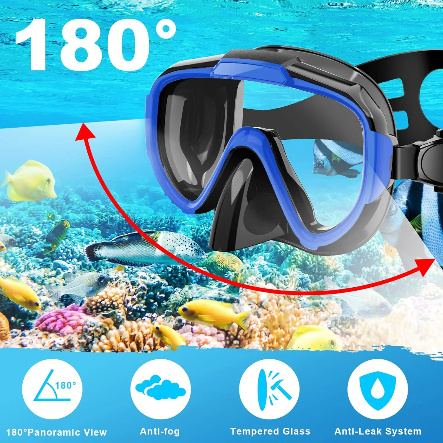 Snorkeling Gear for Adults, Dry Top Snorkel Set with Panoramic Anti-Leak and Anti-Fog Tempered Glass Lens, Adjustable Snorkeling Set for Scuba Diving Swimming Training Snorkel Kit
