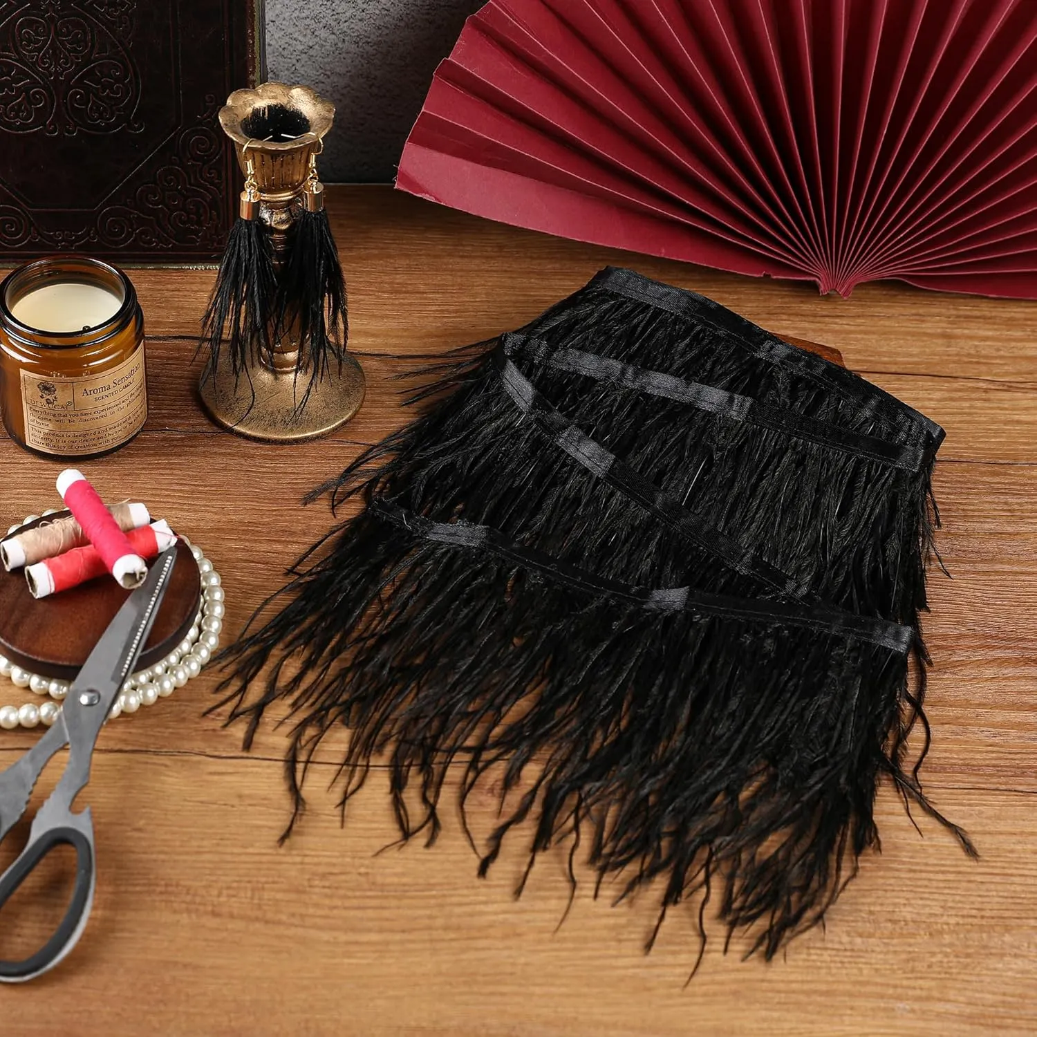 Soarer Black Ostrich Feather Trim - 2Yards 5-7inch Feathers Fringe Trim for DIY Sewing Clothing,Jewelry,Halloween Home Party(Black)