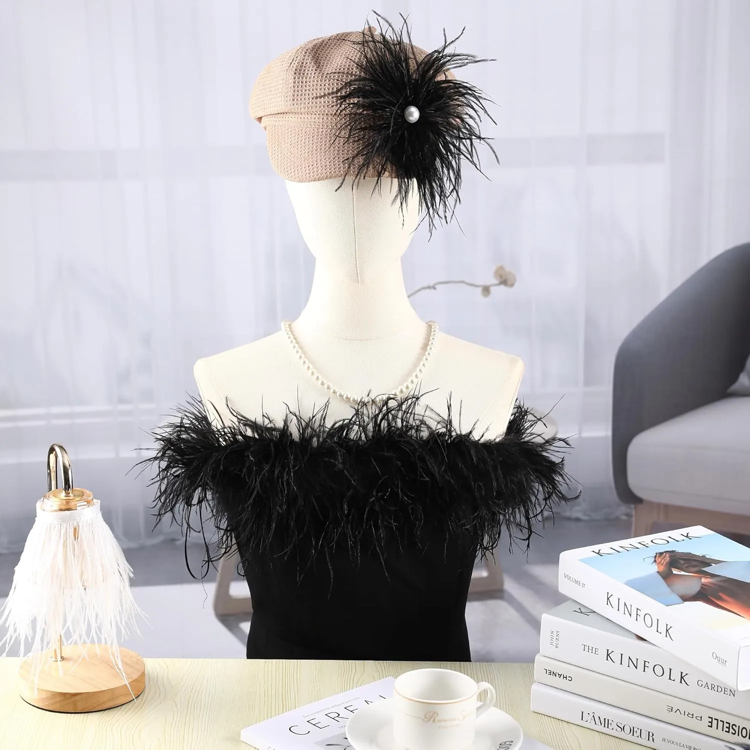 Soarer Black Ostrich Feather Trim - 2Yards 5-7inch Feathers Fringe Trim for DIY Sewing Clothing,Jewelry,Halloween Home Party(Black)