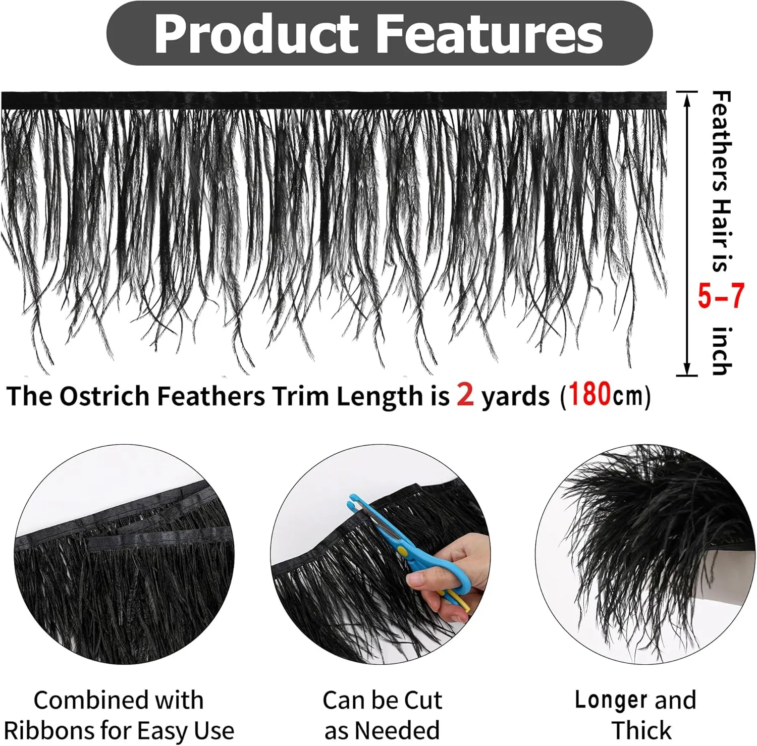 Soarer Black Ostrich Feather Trim - 2Yards 5-7inch Feathers Fringe Trim for DIY Sewing Clothing,Jewelry,Halloween Home Party(Black)
